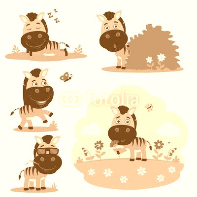 Vector set funny zebra in different poses on summer meadow with flowers. Collection little zebra in cartoon style.