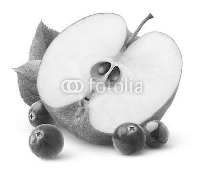 Isolated apple and cranberries. Half of red apple fruit and fresh cranberries isolated on white background with clipping path