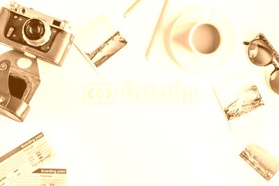 vacation concept with traveller outfit on white background top view space for text