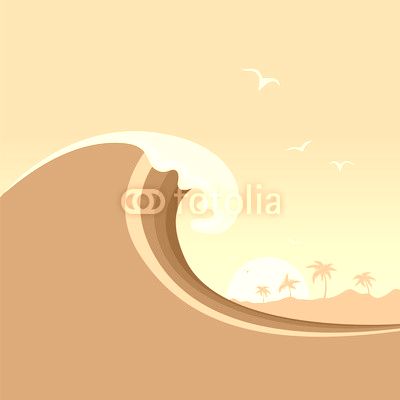 Big ocean wave and tropical island.Vector poster background