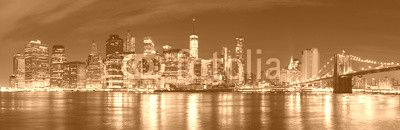 Black and white New York City at night panoramic picture, USA.