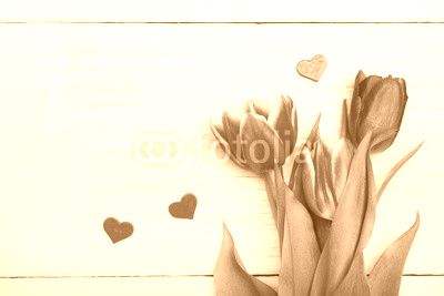 Tulip bouquet on white wooden background, copy space