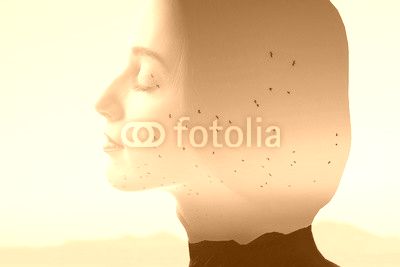 Double exposure photo with woman silhouette and sunset sky with mountains and birds. Freedom and travel concept