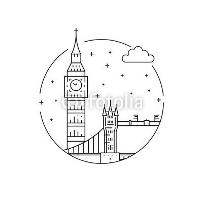 Round the emblem of the city of London drawn in a linear style, depicting a vector of the landmark of the capital of England.