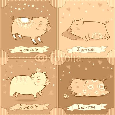 Set of cartoon pigs. Vintage greeting cards