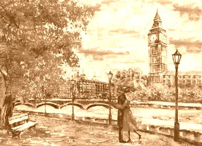 oil painting on canvas, street of london. Artwork. Big ben. man and woman under an red umbrella. Tree. England. Bridge and river