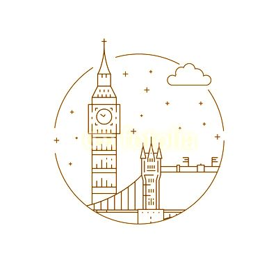 Round the emblem of the city of London drawn in a linear style, depicting a vector of the landmark of the capital of England.