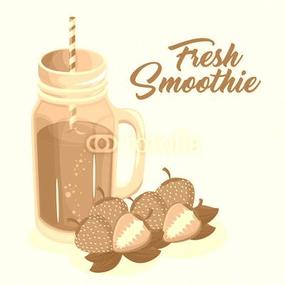 A glass of smoothie with strawberries over beige background. Vector illustration.