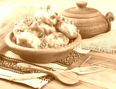 Ukrainian dumplings with cabbage, cheese and cherries