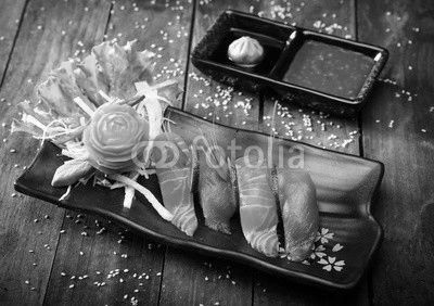 Japanese Salmon, tuna sushi and sauce closeup