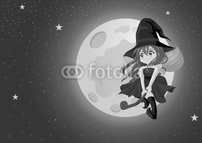 Cute cartoon witch flying with her broom during full moon