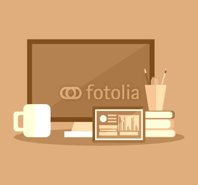 computer with  stack of books and tablet  over blue background. office workplace concept. .colorful design. vector illustration