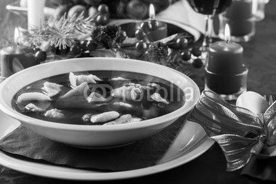 Christmas red borscht with meat filled dumplings