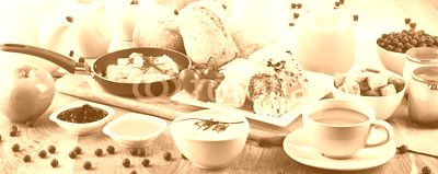 Breakfast served with coffee, cheese, cereals and scrambled eggs