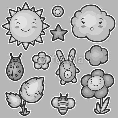 Set of kawaii doodles with different facial expressions. Spring collection cheerful cartoon characters sun, cloud, flower, leaf, beetles and decorative objects