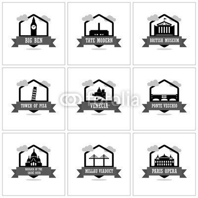 9 World famous Landmarks logo Ribbon banner with clouds. Landmarks vector collection.