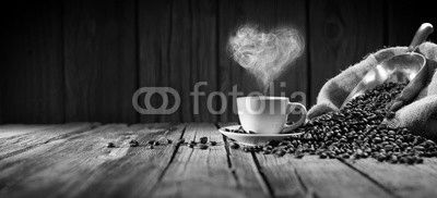 Traditional Coffee Cup With Heart-Shaped Steam On Rustic Wood

