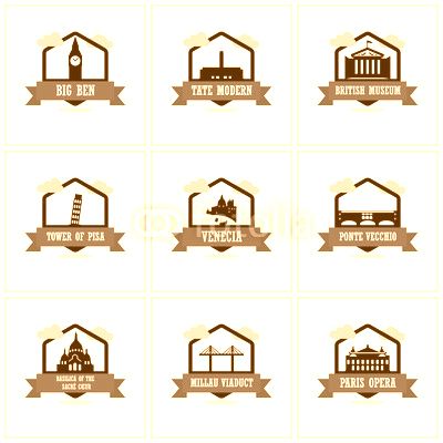 9 World famous Landmarks logo Ribbon banner with clouds. Landmarks vector collection.