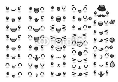 Collection of cute lovely kawaii emoticon emoji Doodle cartoon face , smile , happy , wink , excited , sleepy , chill , kiss , crazy , sweet in childlike manga cartoon style - Vector file EPS10