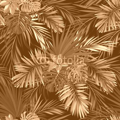 Seamless hand drawn botanical exotic vector pattern with green palm leaves on dark background.