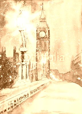 London, Westminster Abbey, Westminster Bridge at dusk. Snow. Wat